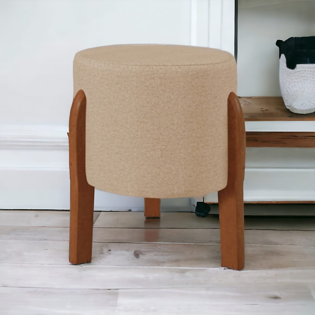 Puff Banqueta Decorativo Viena Linho Pés Madeira Bege