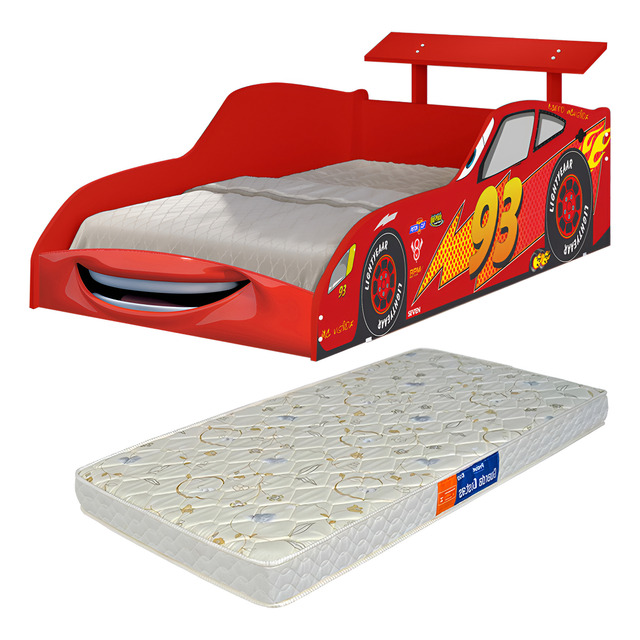Cama Solteiro Carro Mcveloz Vermelho Com Colchão D20 Loja Tigo Quarto de Menino Com Grade de Proteção